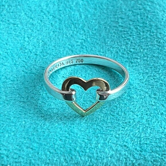 VINTAGE Tiffany & Co 18k Gold & 925 Sterling Silver Open Heart Ring - LNC - Picture 2 of 5